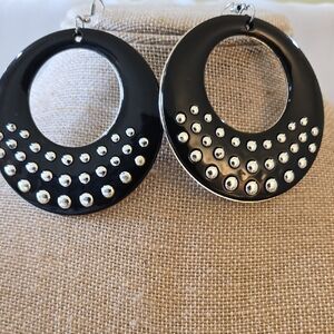 Vintage MCM Black Silver Studded Hoop Earrings